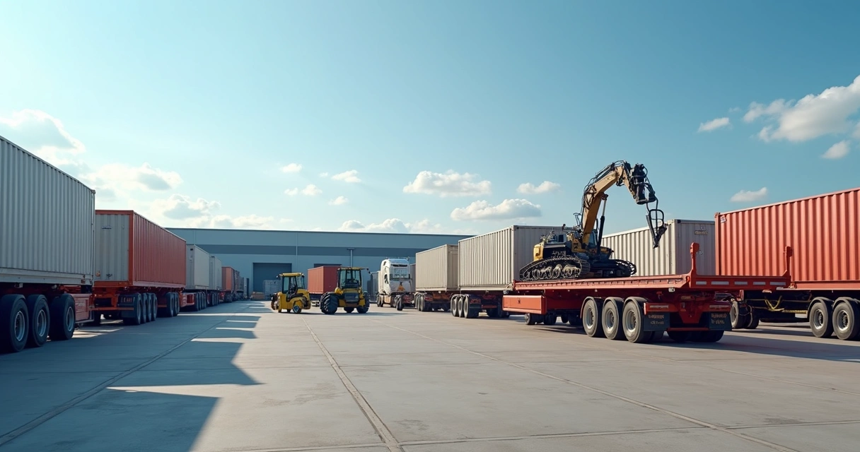 Várias carretas de carga diferentes estacionadas em pátio industrial sob luz natural, incluindo carreta prancha, rodotrem e baú, com máquinas pesadas sendo carregadas e operadores usando equipamentos 