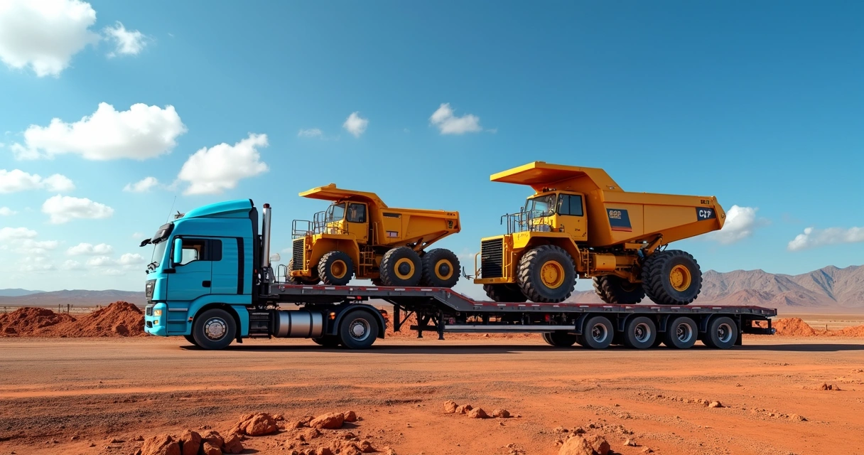 Carreta de carga industrial transportando equipamento pesado em área de construção com céu azul 
