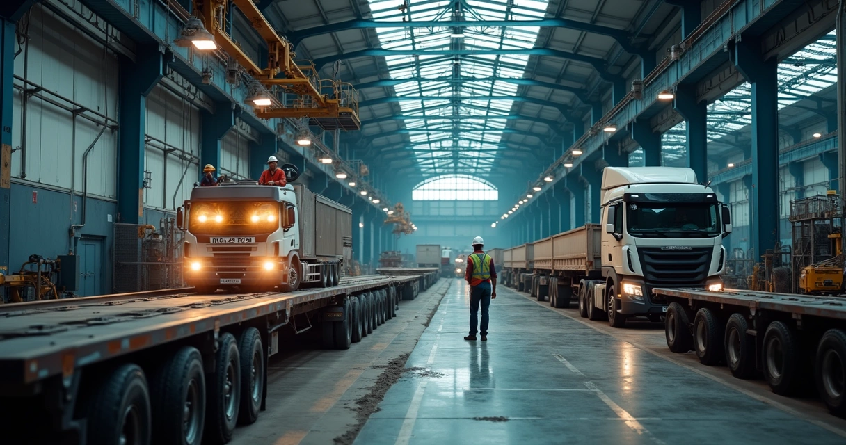 Guindaste cumprindo transporte de máquina industrial em ambiente fabril