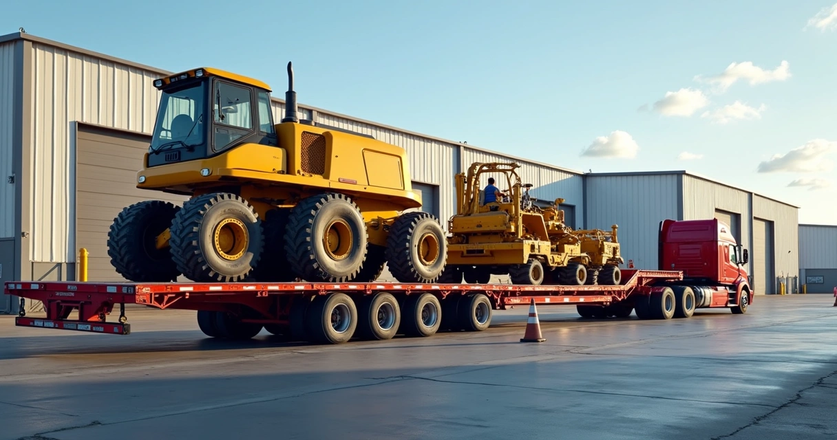 Carreta prancha transportando máquina industrial 