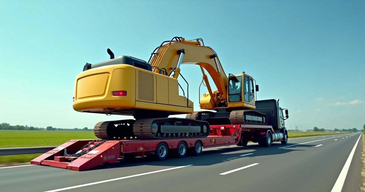 Carreta prancha transportando máquina pesada na estrada 