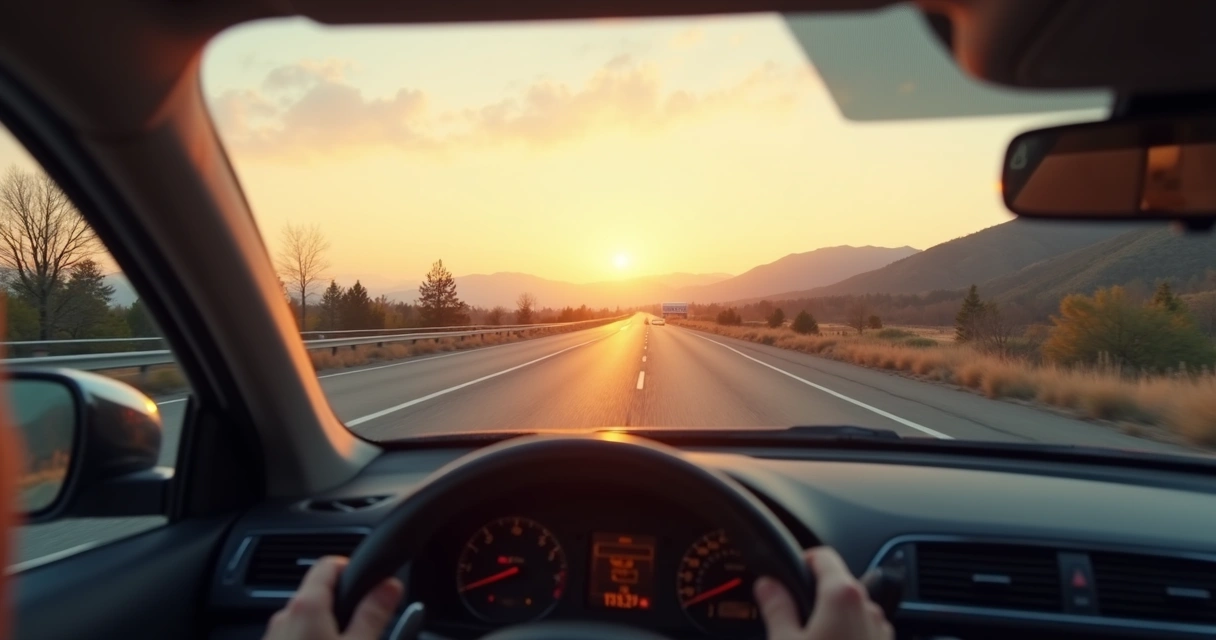 Carretera al amanecer vista desde el interior del coche 