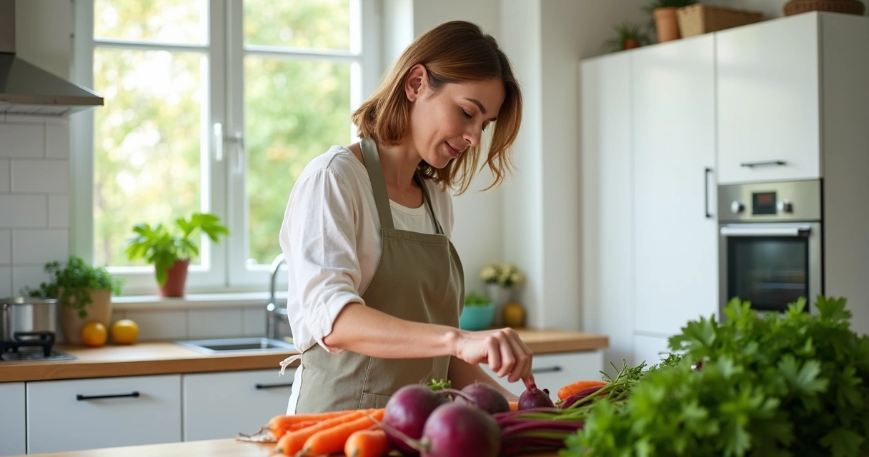 Carrie Forrest cozinhando em uma cozinha branca com vegetais frescos na bancada. 