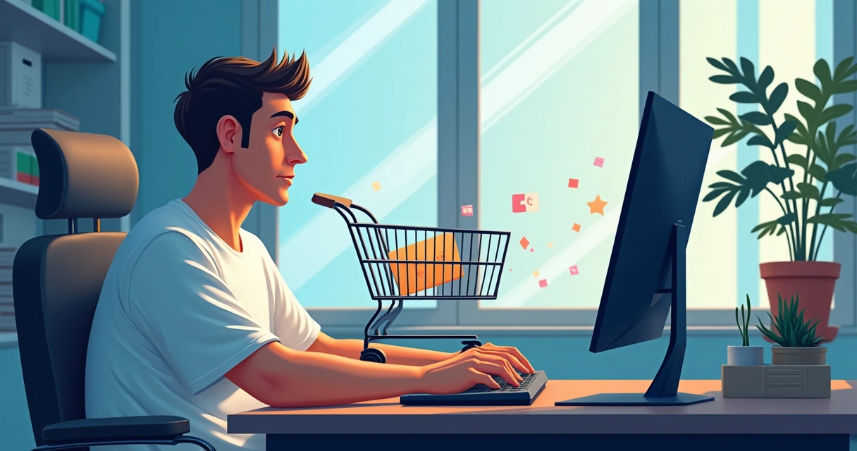 Carrinho de compras virtual vazio na frente do computador