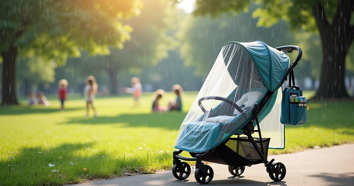 Cena de um carrinho de bebê em um parque com capa de chuva, mosquiteiro, organizador e acolchoado extra.