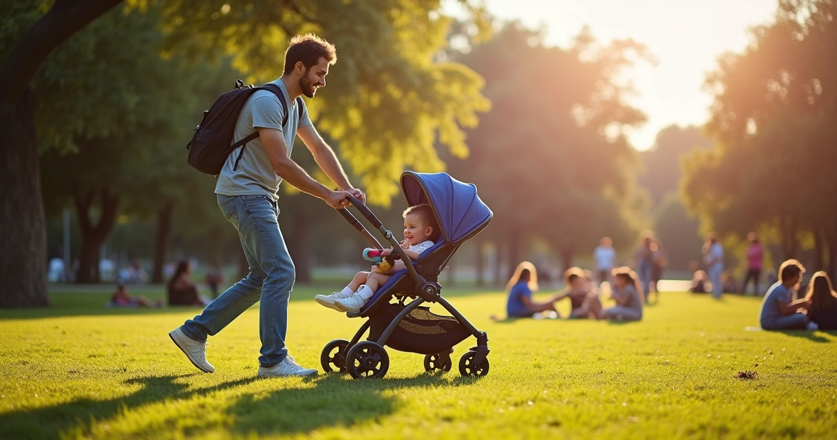 Pai empurrando um carrinho de bebê acolchoado em um parque ensolarado com famílias ao fundo. carrinhos de bebê