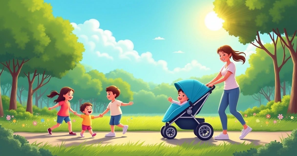 Cena de parque com carrinho de bebê moderno, mãe empurrando, bebê dormindo, flores coloridas e céu ensolarado. carrinhos de bebê