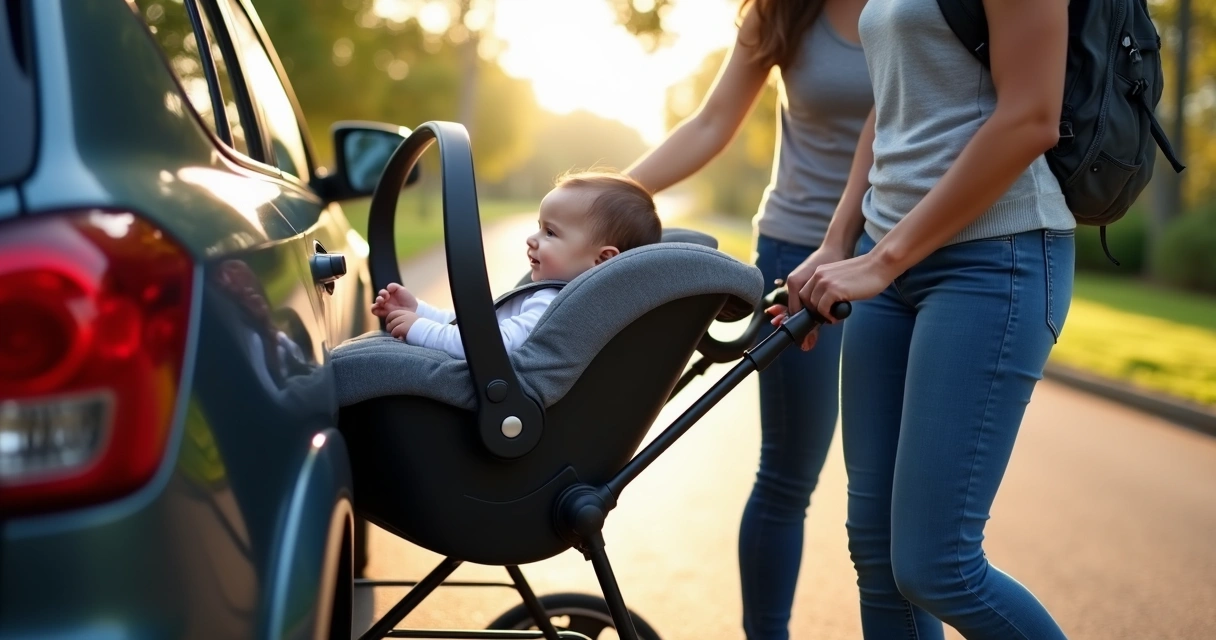 Carrinho de bebê com bebê conforto acoplado com adaptador, pais trocando do carro 