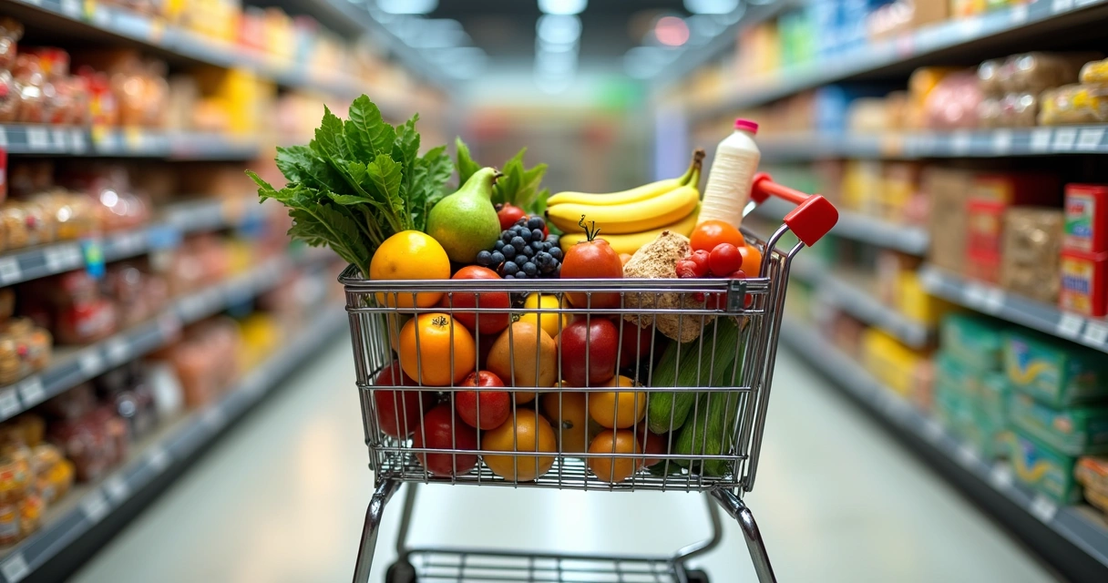 Carrinho de supermercado dividido entre alimentos saudáveis e ultraprocessados 