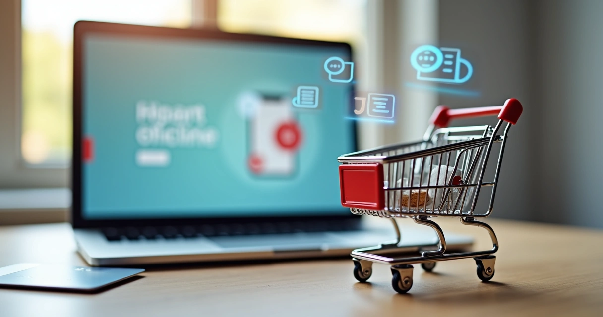 Carrinho de compras miniatura ao lado de cartão de crédito e notebook