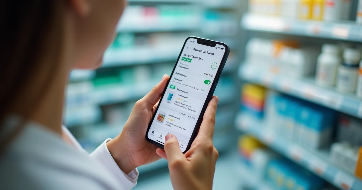 Pessoa segurando smartphone exibindo aplicativo de farmácia digital, lista de medicamentos e valores em destaque 