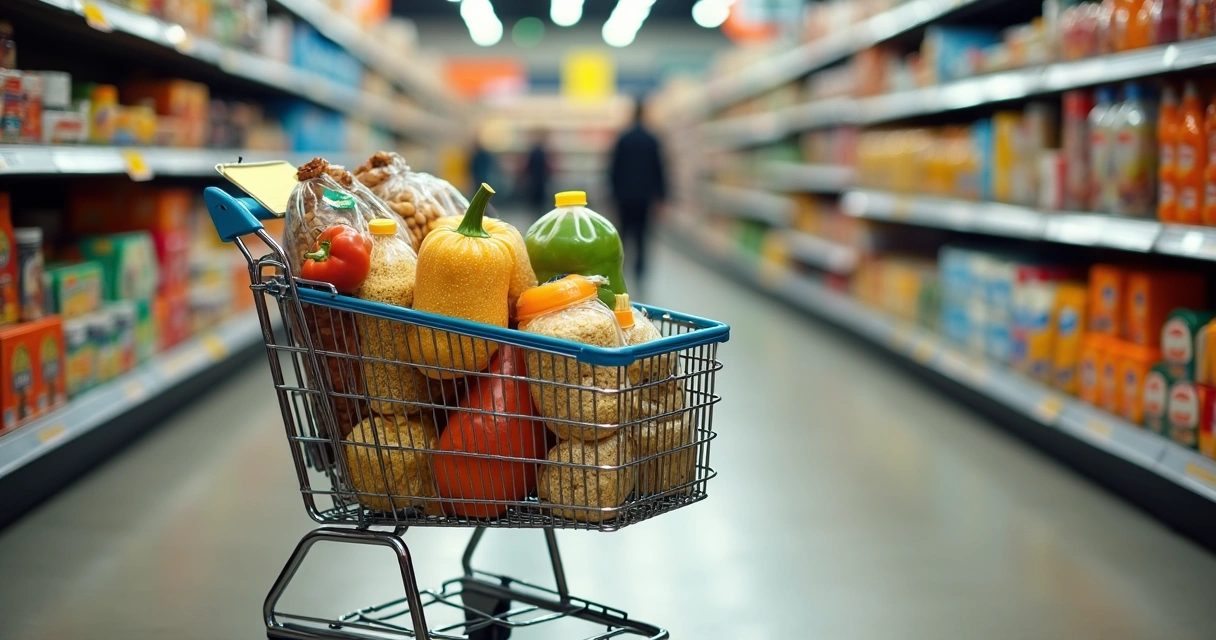 Carrinho de supermercado organizado com alimentos básicos e etiqueta de desconto 