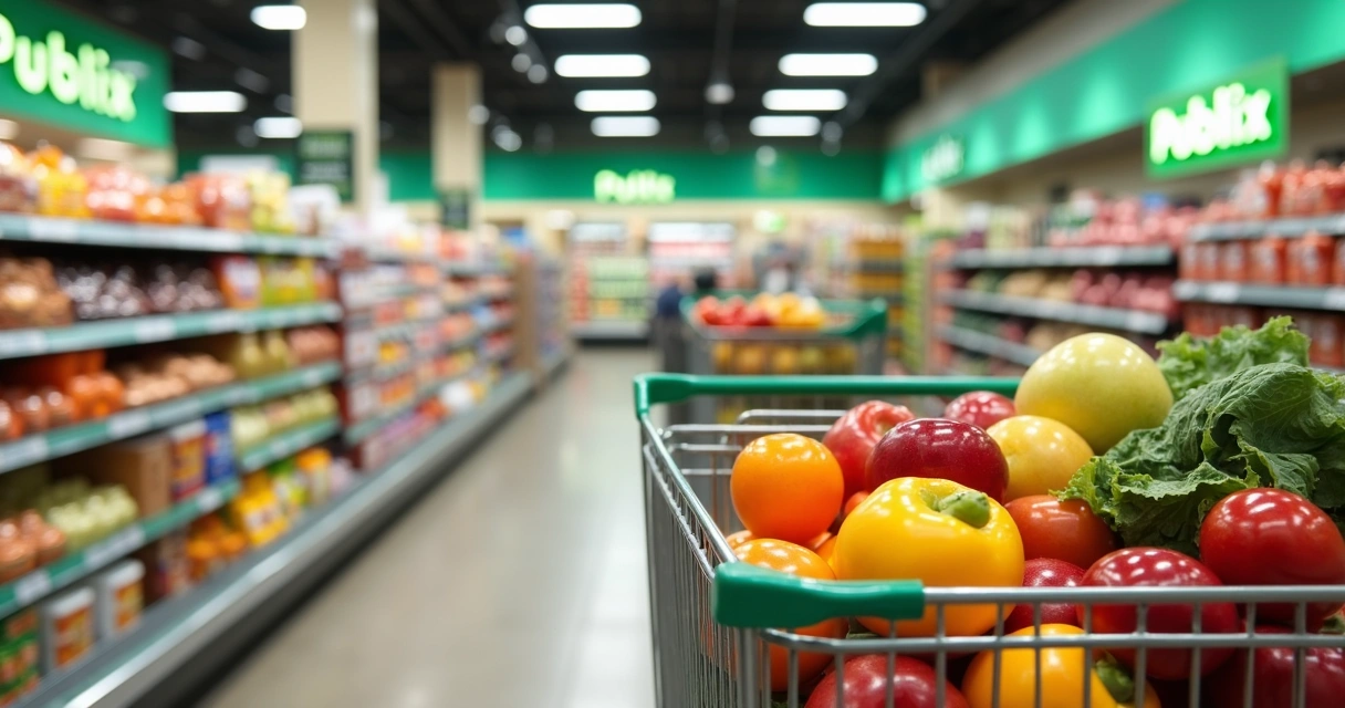 Carrinho de compras cheio com produtos variados no supermercado 