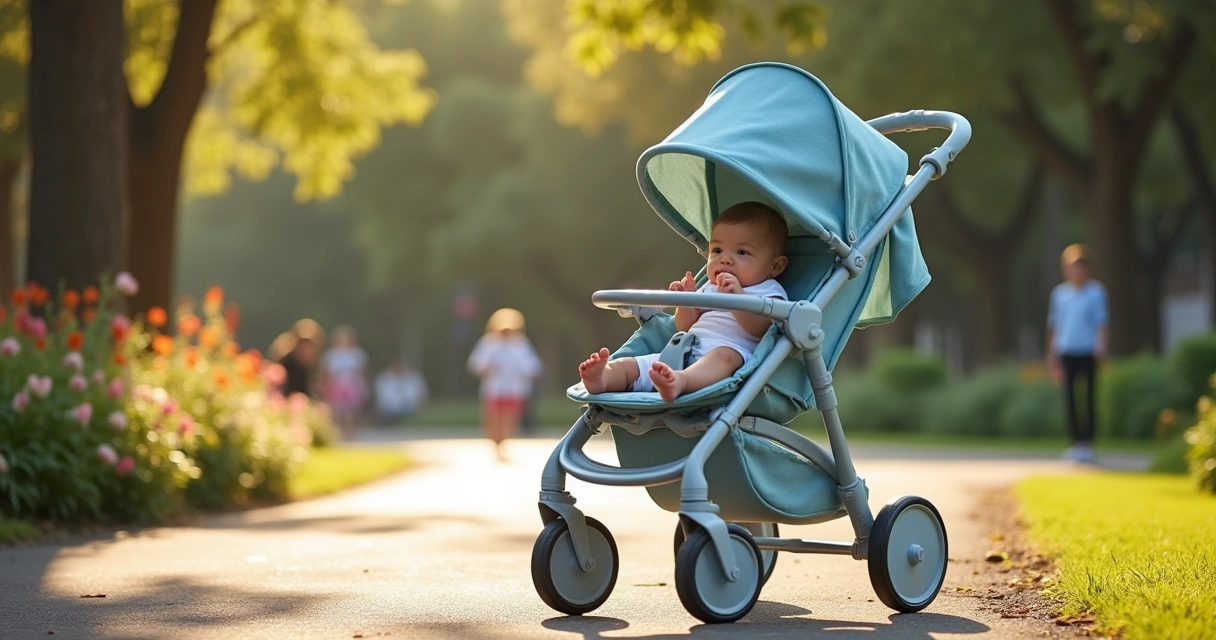 Carrinho de bebê confortável em um parque ensolarado com bebê relaxado, capô aberto e vegetação ao redor.