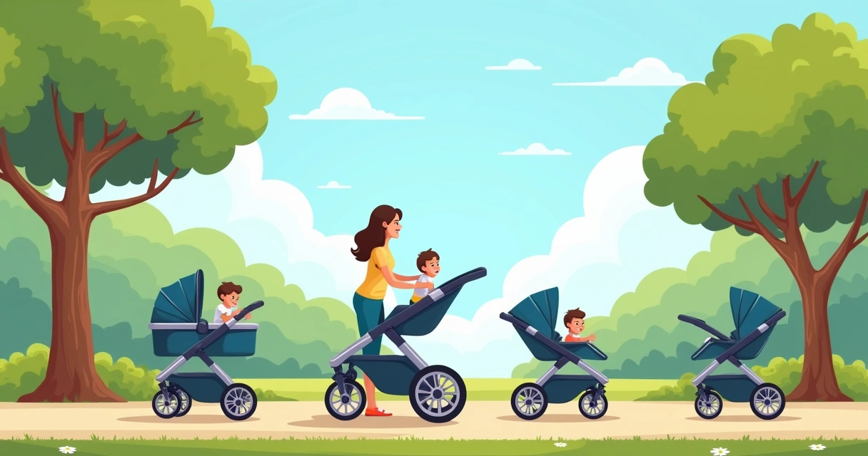 Uma mãe empurrando um carrinho de bebê em um parque, com carrinhos adicionais e acessórios visíveis. carrinhos de bebê