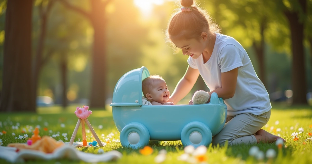 Um carrinho de bebê azul em um parque, com um pai limpando-o e um bebê sorrindo dentro, ao sol.