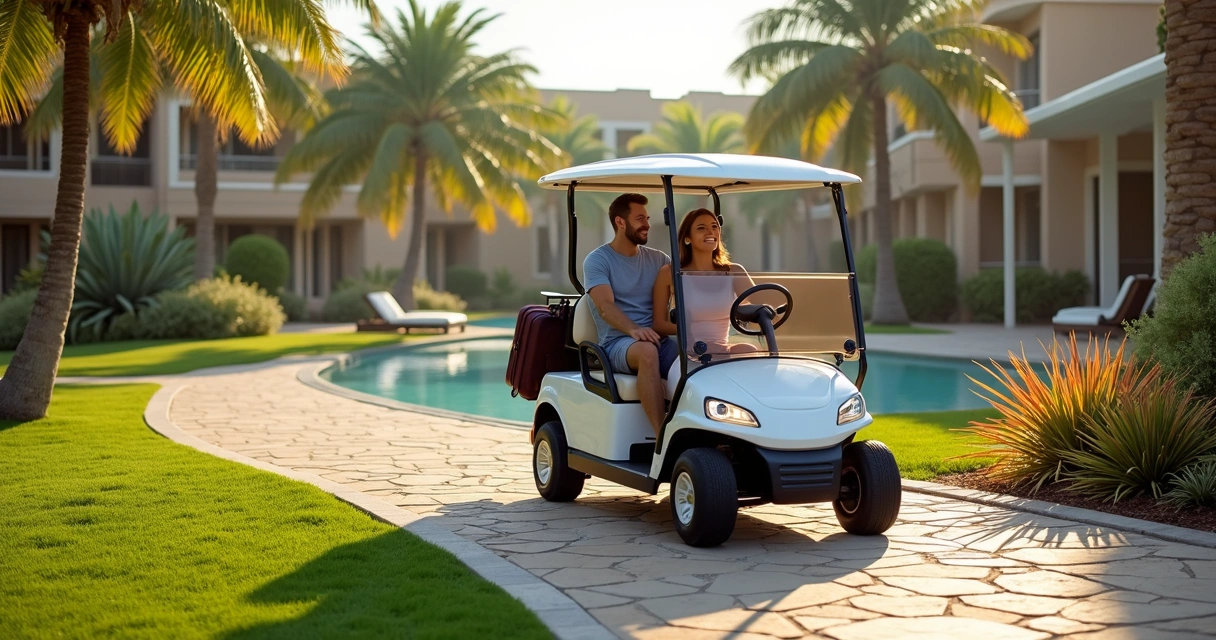 Carrinho elétrico movendo-se por gramado e piso de pedra em resort 
