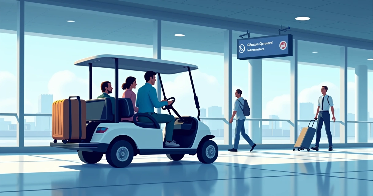 Carrinho de golfe elétrico transportando passageiros em um corredor de aeroporto amplo