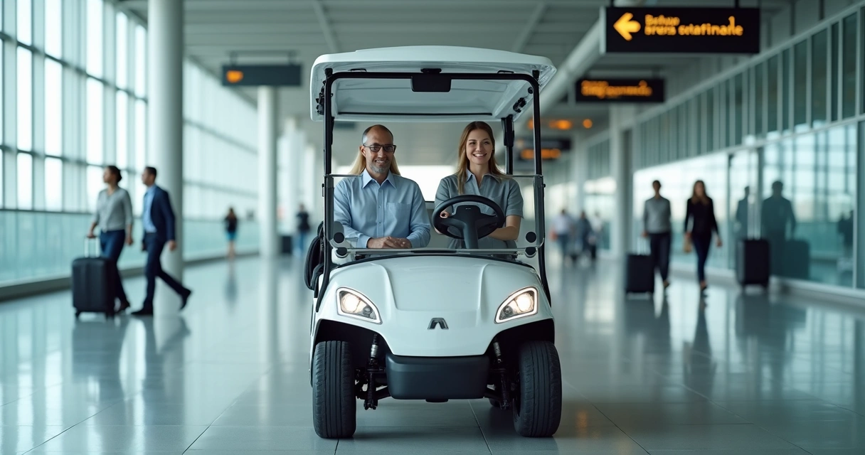 Carrinho de golfe elétrico transportando passageiros em terminal de aeroporto moderno 
