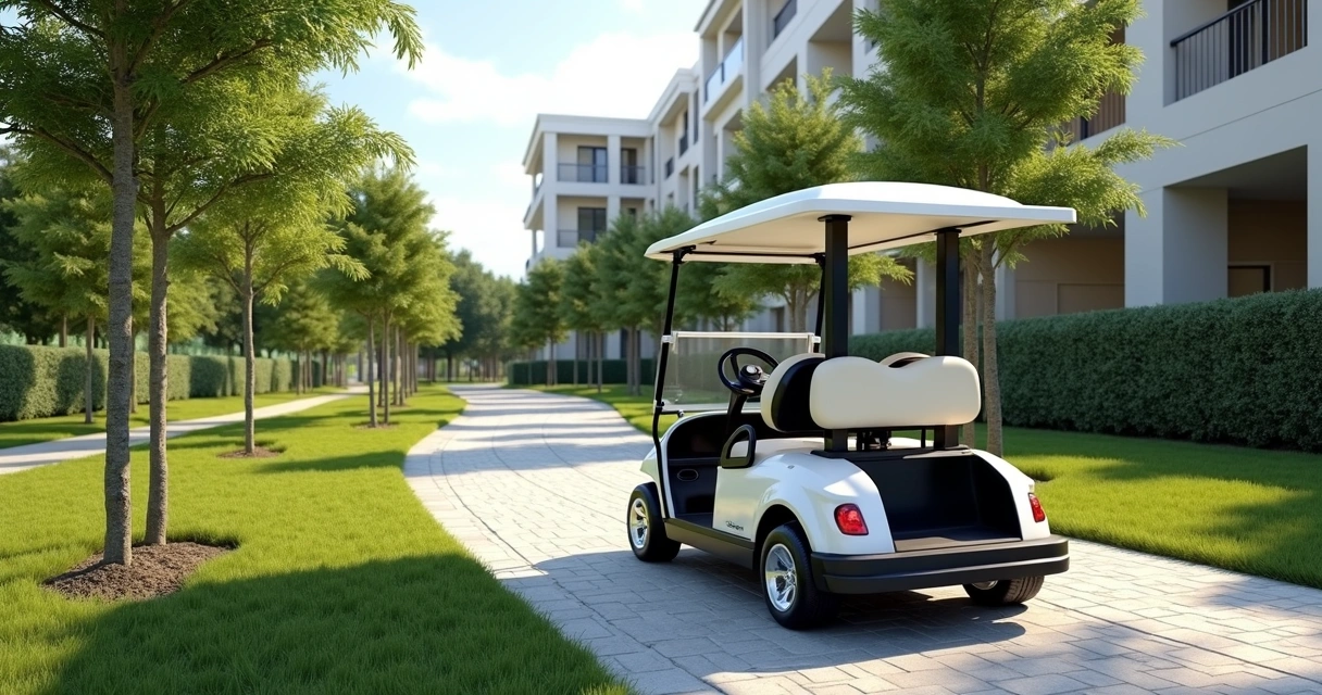 Carrinho de golfe elétrico em condomínio com árvores 