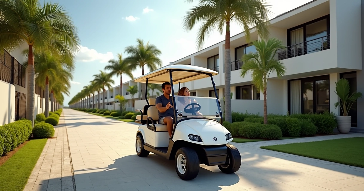 Carrinho de golfe elétrico circulando em condomínio de alto padrão no Brasil 
