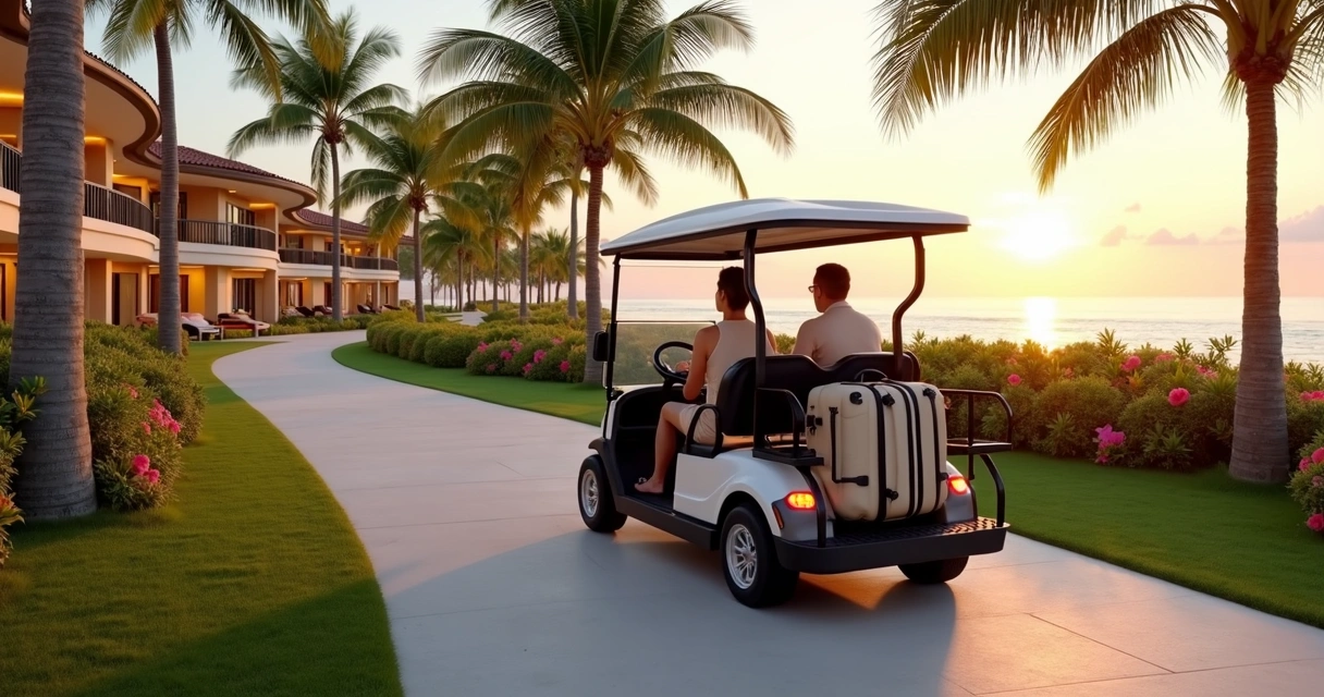 Carrinho de golfe elétrico transportando hóspedes em resort de luxo tropical 