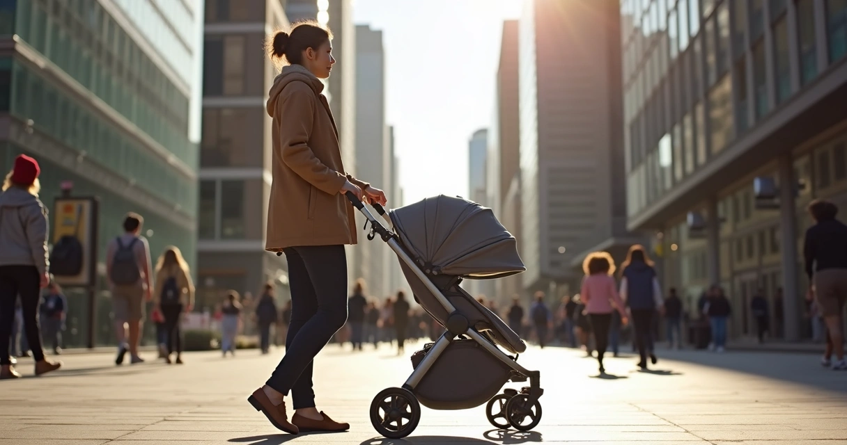 Carrinho de bebê compacto e leve em ambiente urbano 