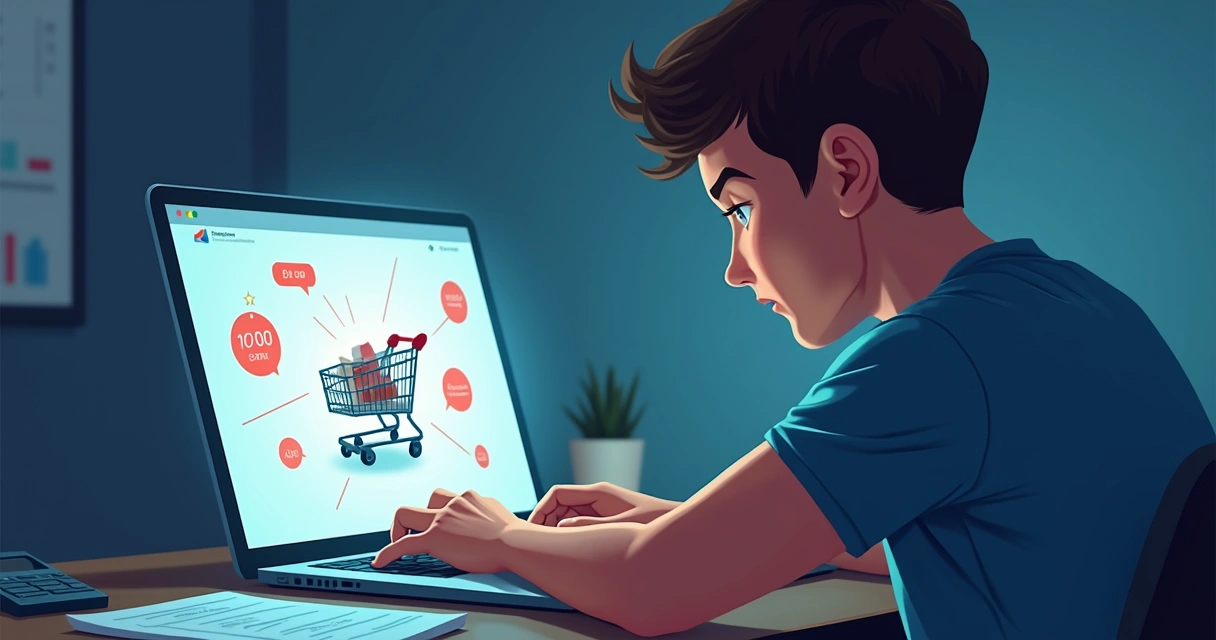 Pessoa olhando para um carrinho de compras virtual em destaque na tela de um notebook