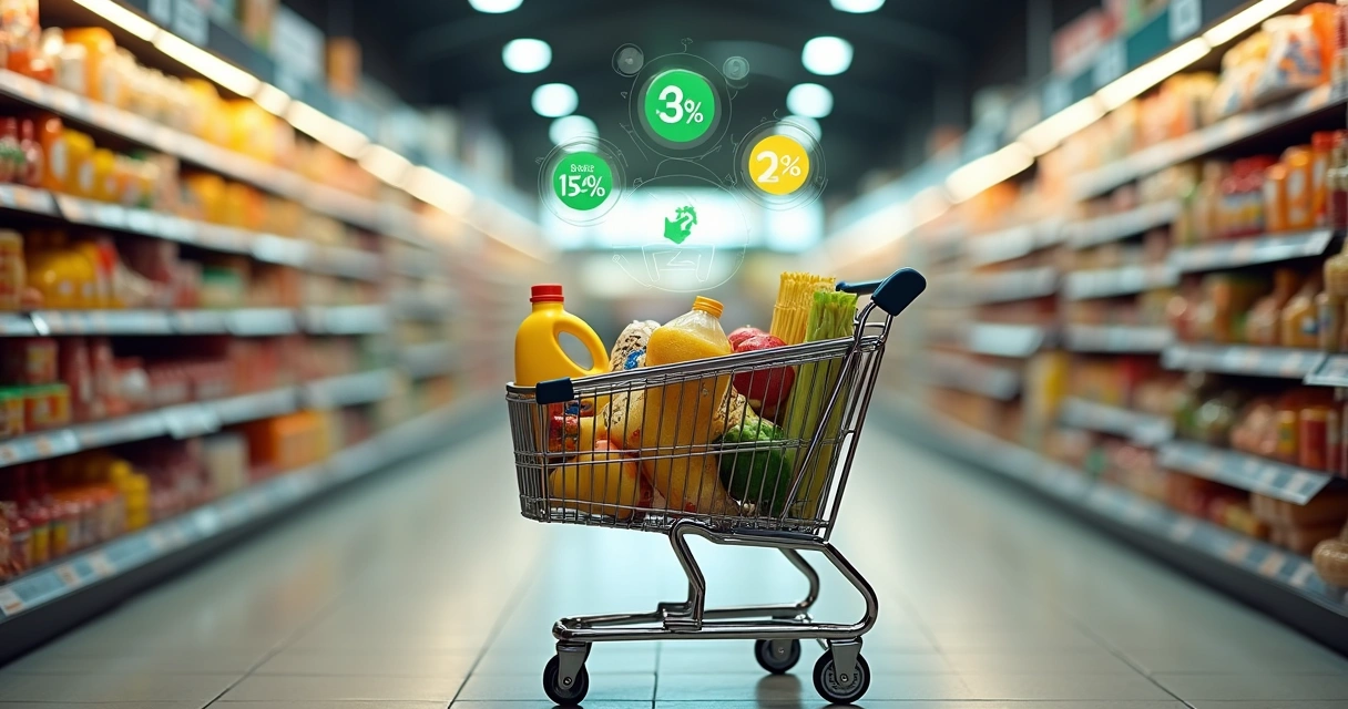 Carrinho de supermercado cercado por etiquetas digitais de preços baixos 