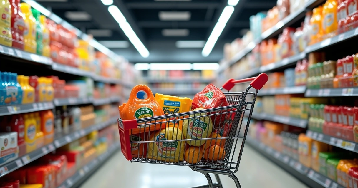 Carrinho de supermercado recheado com produtos de marcas próprias e tradicionais 