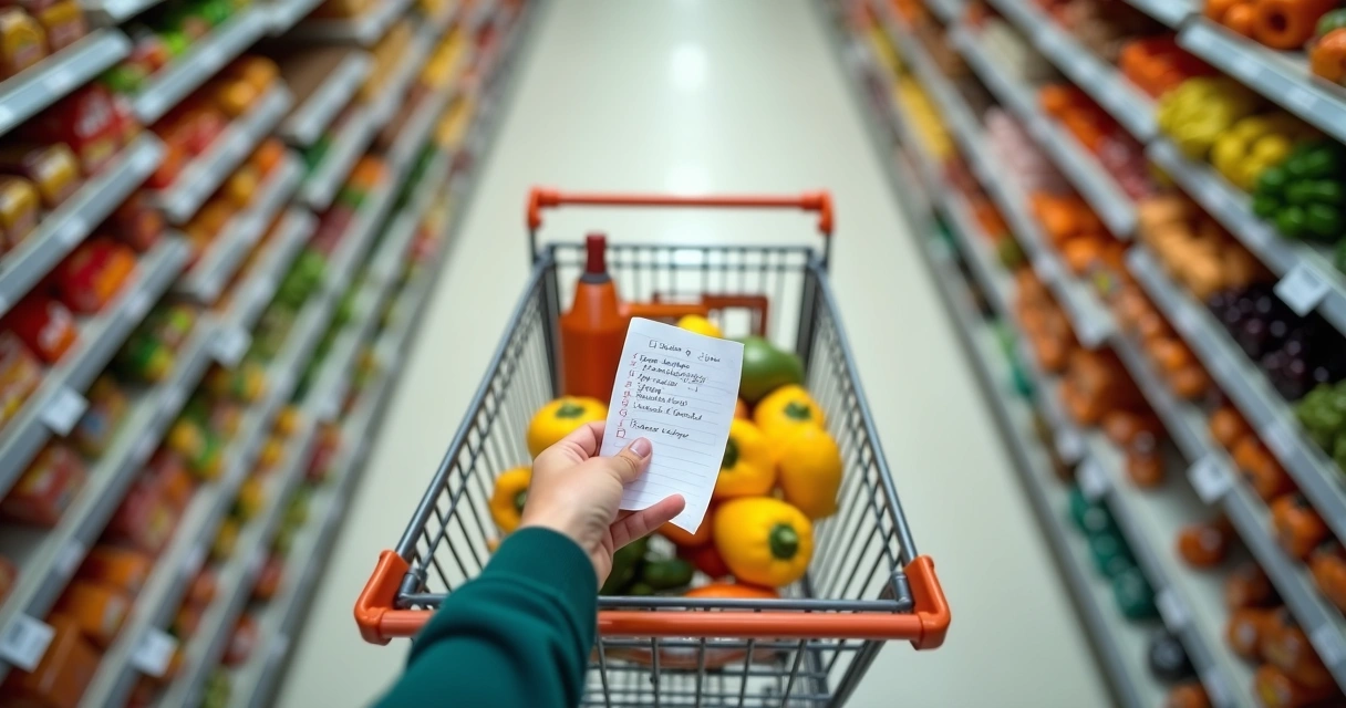 Carrinho de supermercado com itens organizados e lista de compras ao lado 