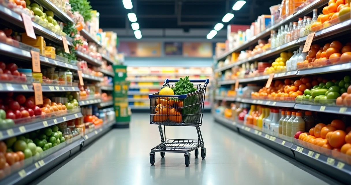 Carrinho de supermercado com alimentos variados em corredor colorido 