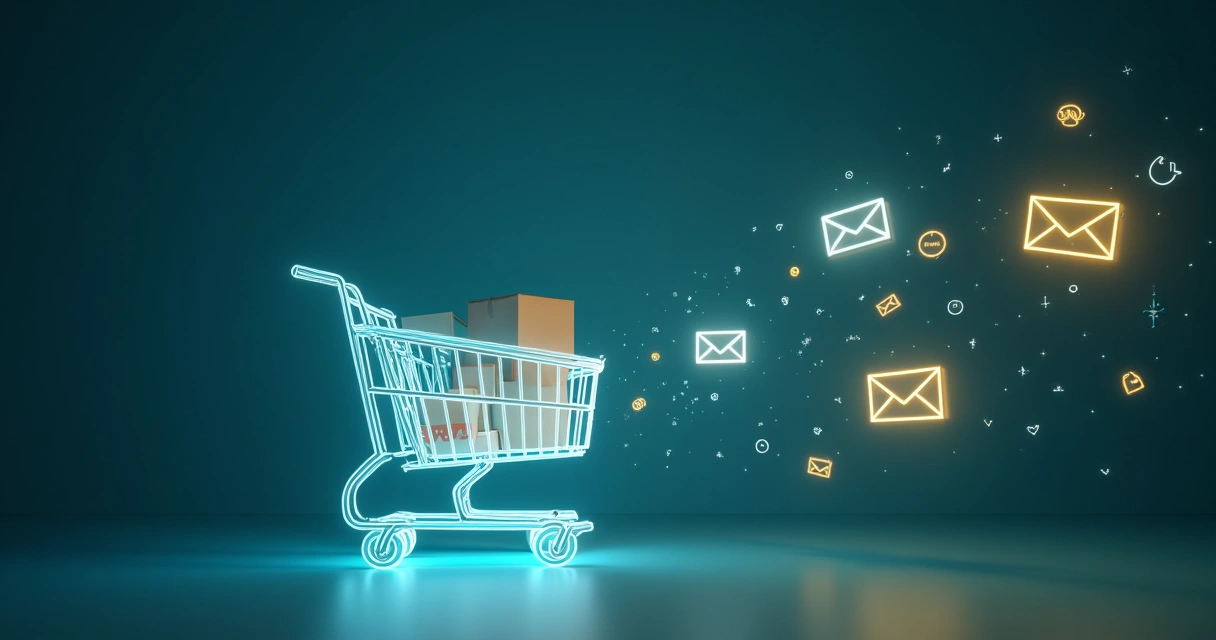 Carrinho de compras virtual transparente sendo puxado de volta por emails flutuando 