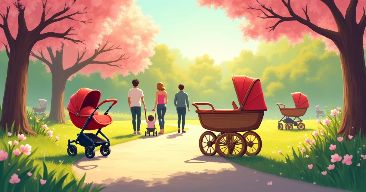 Vibrant park scene with diverse baby strollers, showcasing styles and colors under cherry trees. carrinhos de bebê