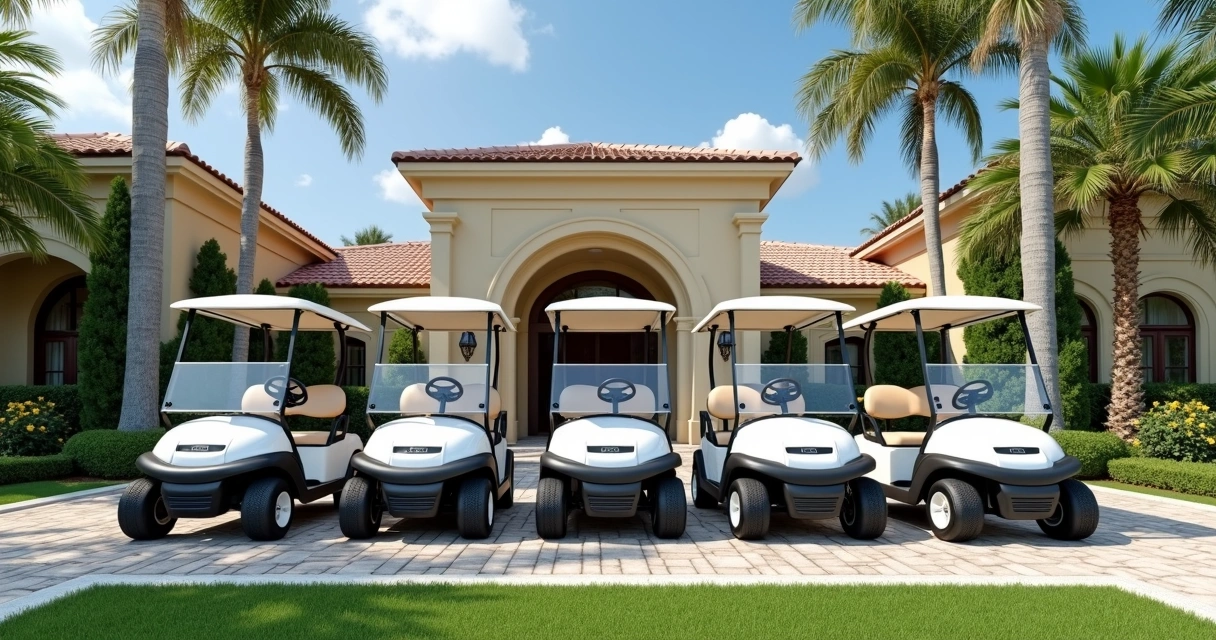 Carrinhos de golfe estacionados em frente a um resort de luxo 