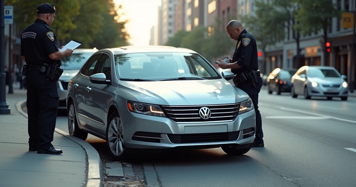 Carro acidentado à beira da estrada com polícia registrando ocorrência 