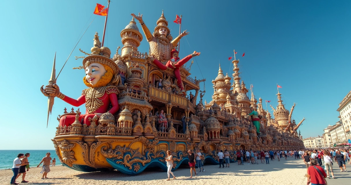 Carro alegórico gigante de papel-machê com esculturas coloridas 