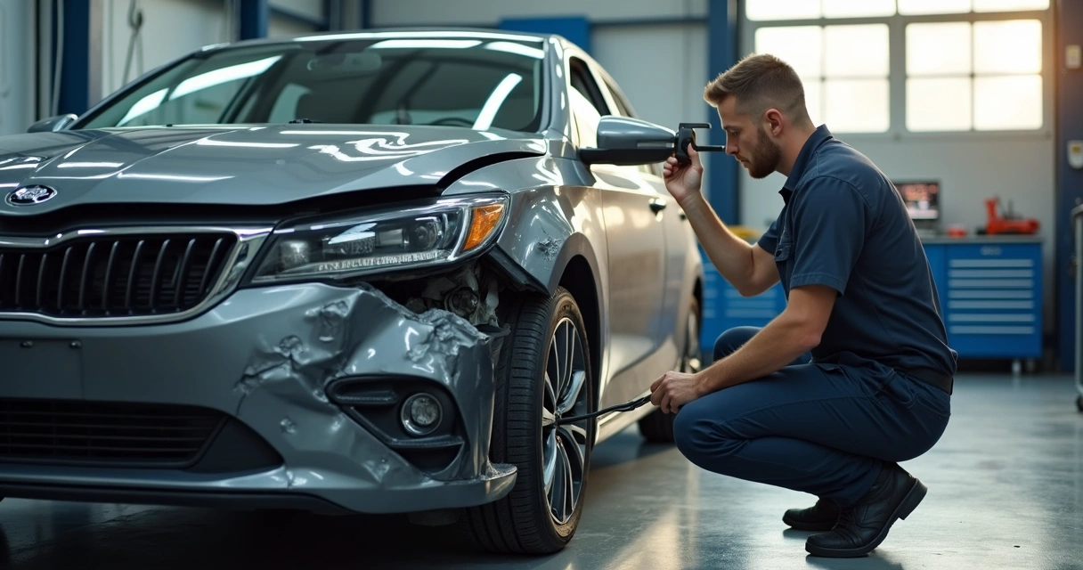 Carro danificado após batida com rodas desalinhadas e mecânico avaliando alinhamento em oficina 