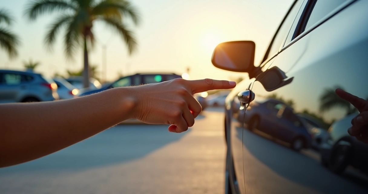 Pessoa inspecionando porta e pneus do carro alugado em Orlando