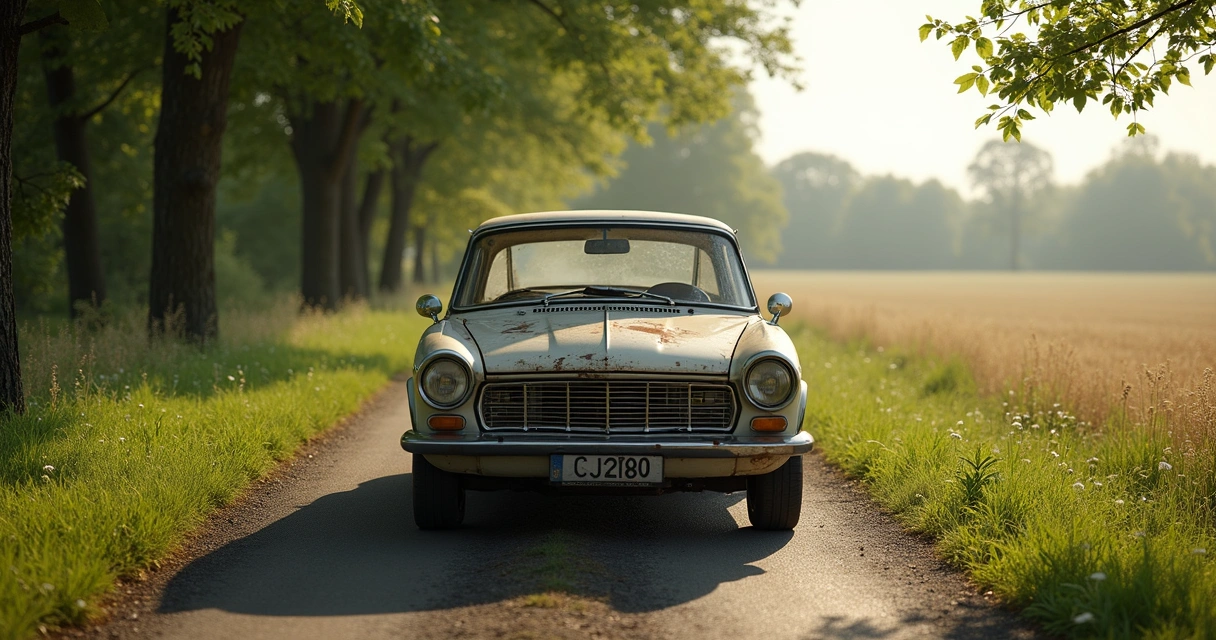 Carro antigo estacionado em estrada rural com natureza ao redor 