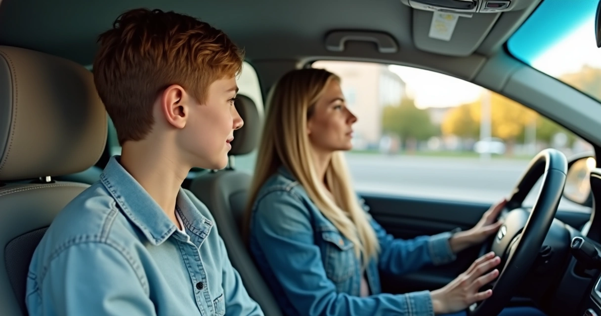 Candidato a motorista treinando direção em um carro comum com instrutor ao lado, em área aberta e segura