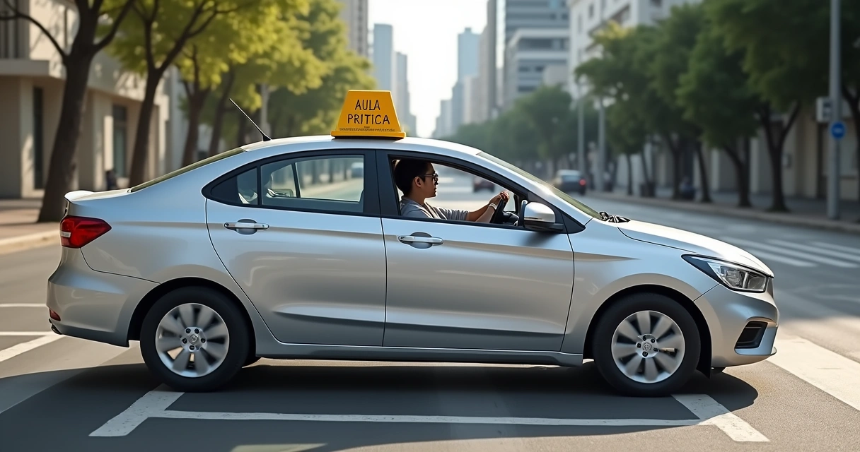 Carro de autoescola moderno com instrutor e aluno em teste de direção urbana 