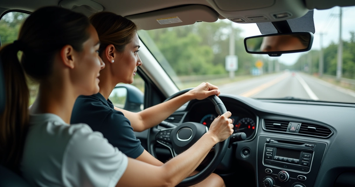 Candidato dirigindo com instrutor ao lado, ambos focados, dentro de um carro 