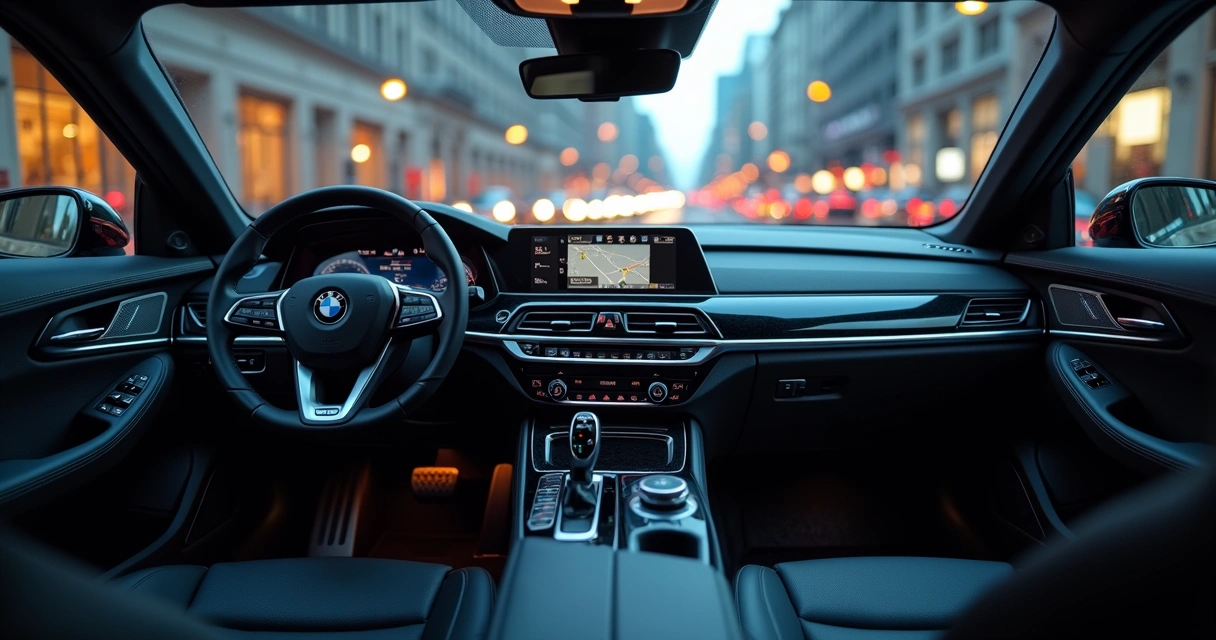 Volante de carro automático com foco no câmbio, painel moderno ao fundo 