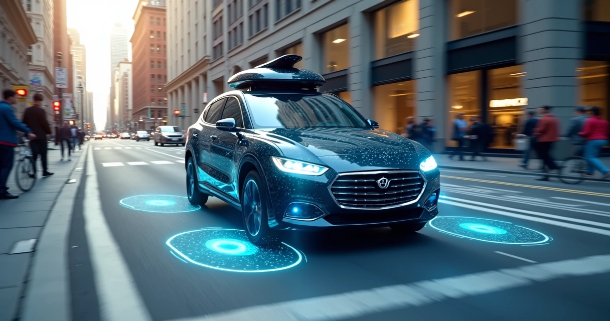 Carro autônomo circulando em rua com sensores digitais destacados 