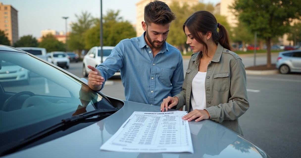 Pessoa avaliando um carro ao lado de uma planilha com valores de seguro 