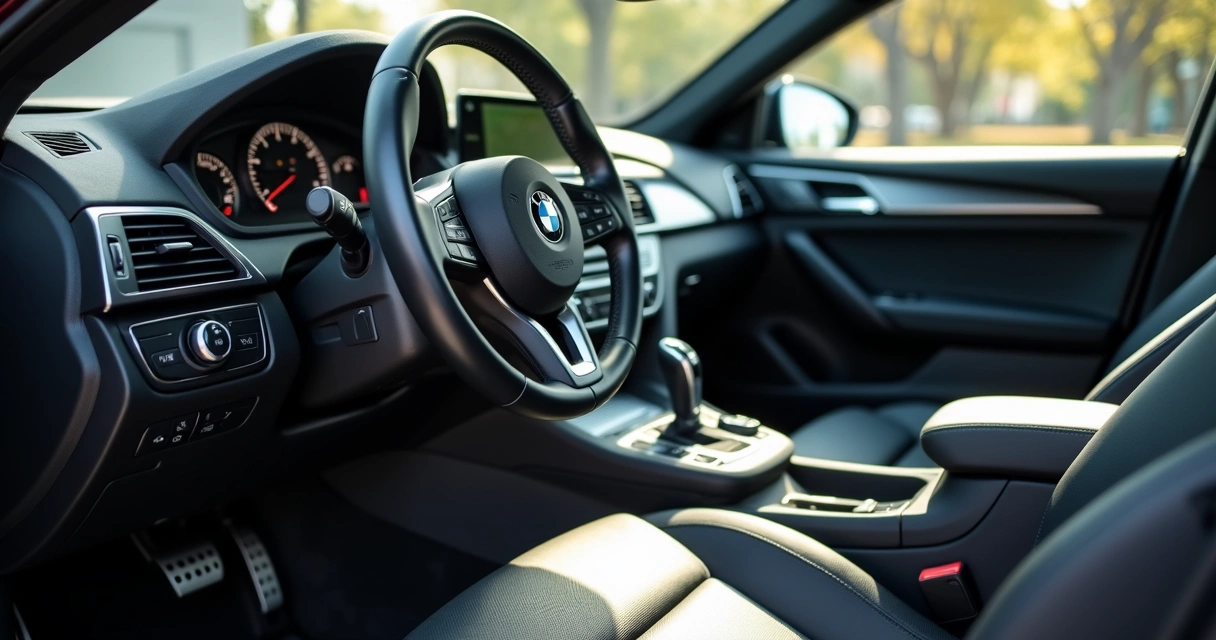 Interior de carro limpo mostrando volante e tapete conservados 