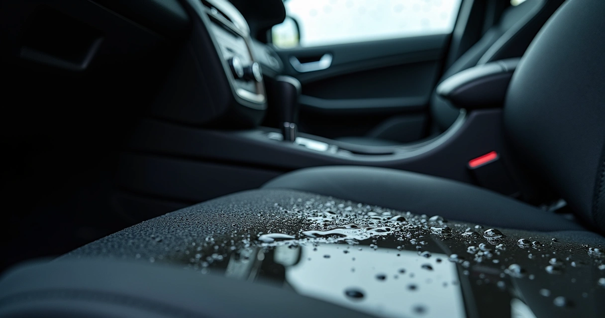 Interior de veículo com infiltração de água junto ao tapete e soleira da porta