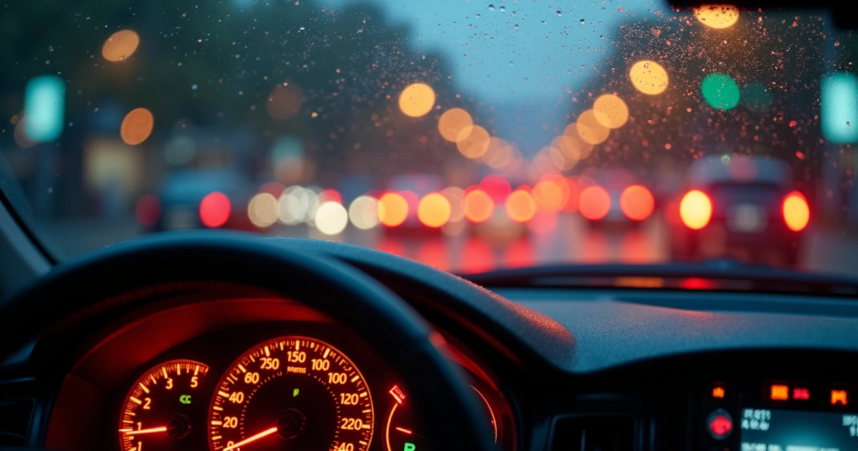 Painel de carro aceso durante chuva forte