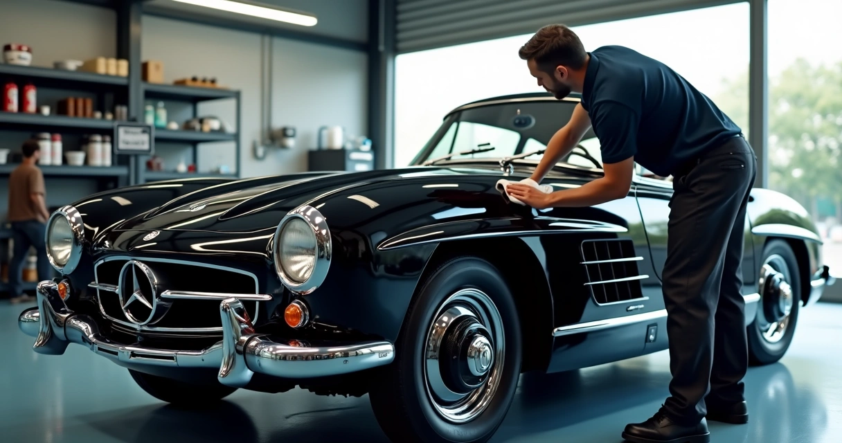 Carro clássico preto com pintura polida e vitrificada em oficina automotiva moderna com luz natural 